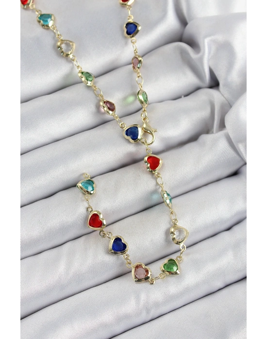 Pirinç Gold Renk Karışık Renk Zirkon Taşlı Kalpli Y Kadın Kolye