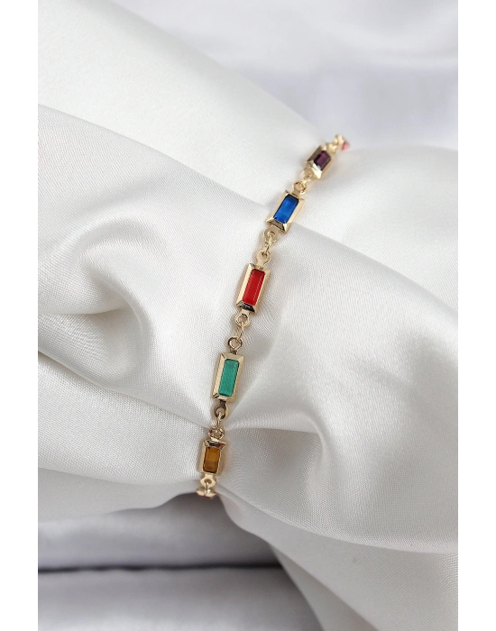 Pirinç Gold Renk Karışık Renkli Kare Zirkon Taşlı Kadın Bileklik