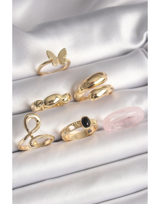 Pirinç Gold Renk Kelebek Figür Sarmal Model 6Lı Kadın Yüzük Seti