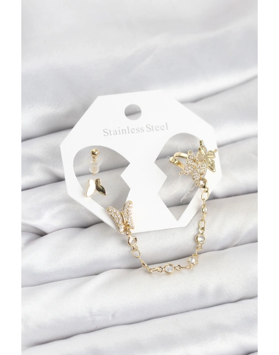 Pirinç Gold Renk Kelebek Model Zincir Bağlantılı Ear Cuff Küpe Seti