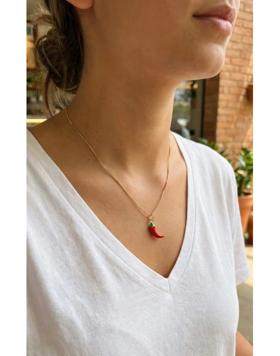 Pirinç Gold Renk Kırmızı Kapya Biber Model Kadın Kolye