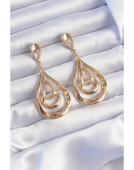 Pirinç Gold Renk Kıvrımlı Damla Görünüm Sallantılı Küpe
