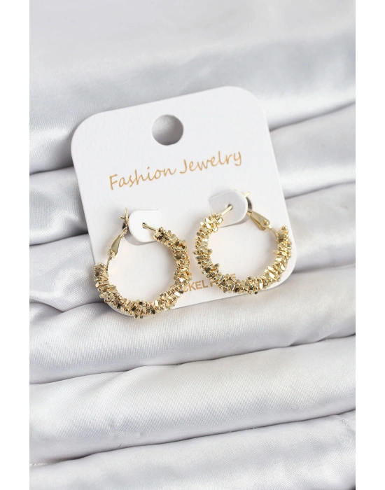Pirinç Gold Renk Küçük Tırtıklı Halka Model Kadın Küpe