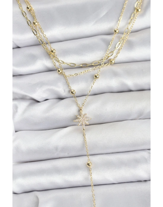 Pirinç Gold Renk Kutup Yıldızı Detaylı 3lü Kombin Kadın Kolye