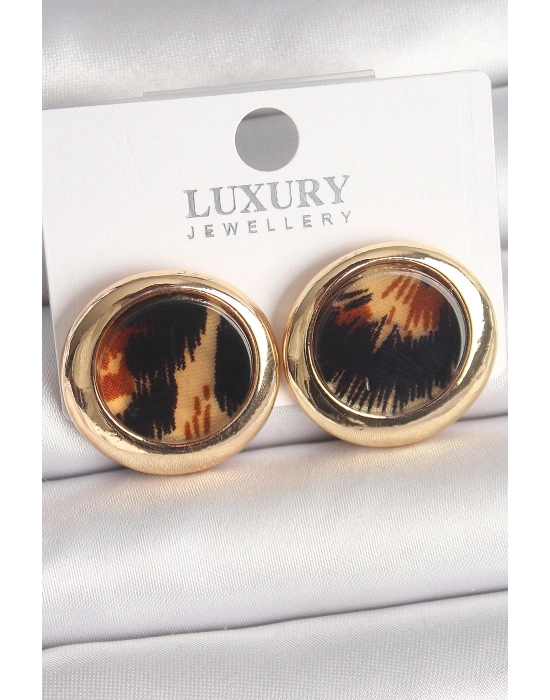 Pirinç Gold Renk Leopar Desen Daire Model Kadın Küpe