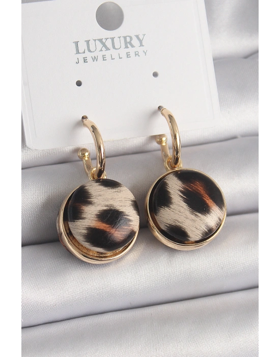 Pirinç Gold Renk Leopar Desenli Daire Model Kadın Küpe