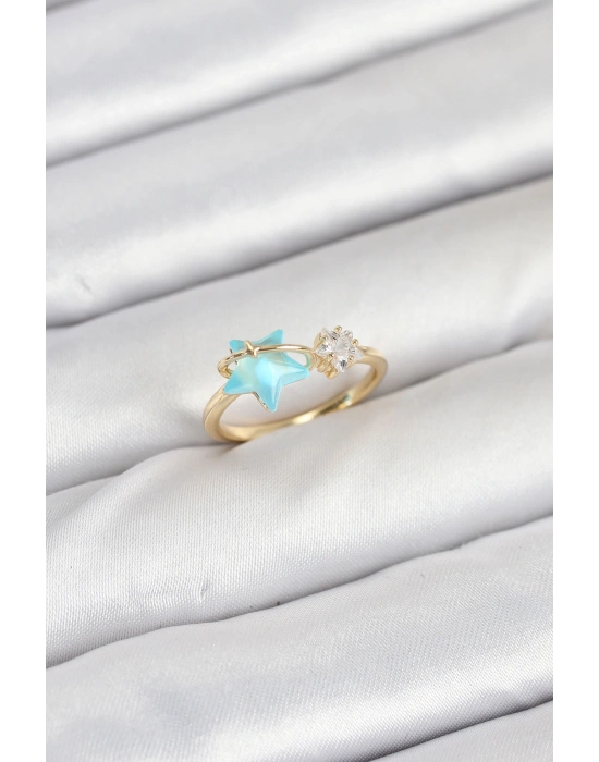 Pirinç Gold Renk Mavi Yıldızlı Model Kadın Yüzük