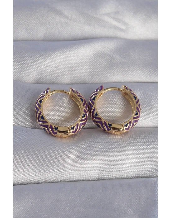 Pirinç Gold Renk Mor Etnik Desenli Halka Küpe