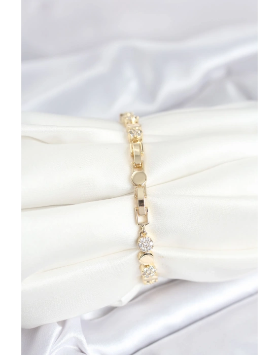 Pirinç Gold Renk Nokta Model Zirkon Taşlı Kadın Bileklik