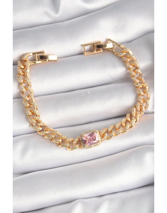Pirinç Gold Renk Pembe Kare Zirkon Taşlı VIP Seri Kadın Bileklik