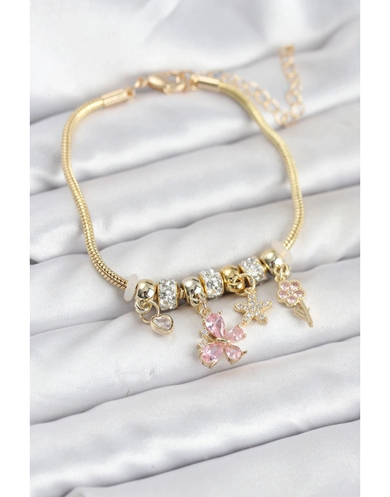 Pirinç Gold Renk Pembe Kelebek Charmlı Kadın Bileklik