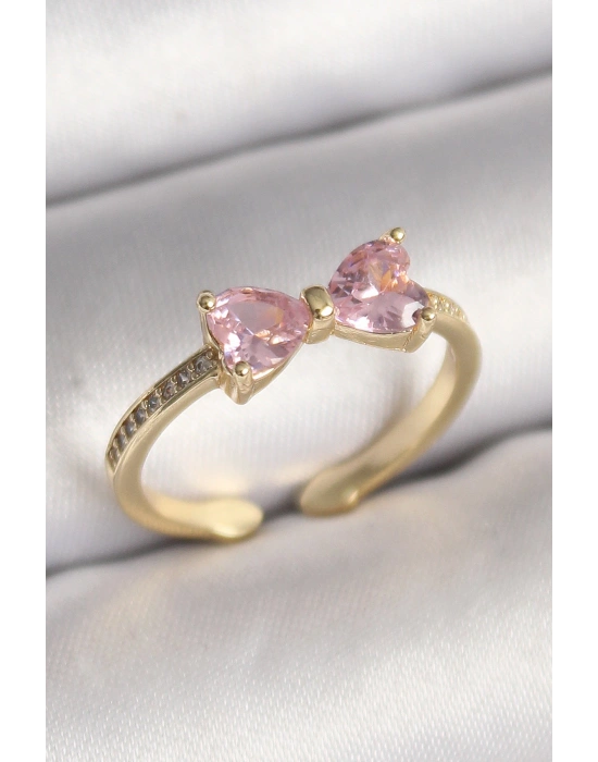 Pirinç Gold Renk Pembe Zirkon Taşlı Kalp Fiyonk Model Kadın Yüzük