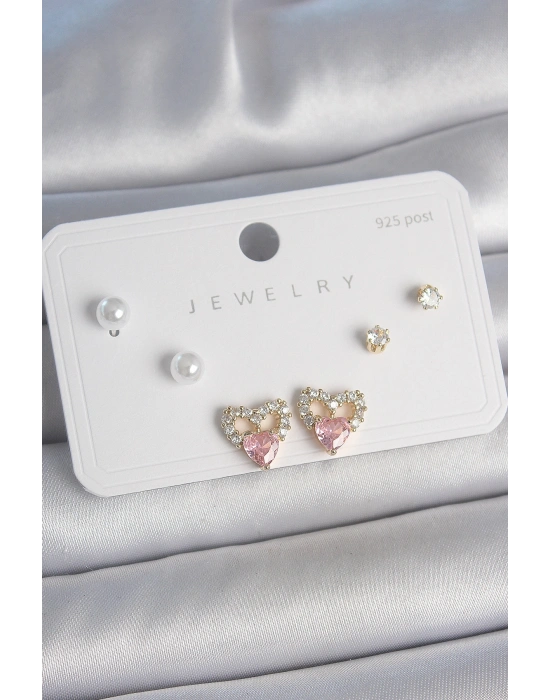 Pirinç Gold Renk Pembe Zirkon Taşlı Kalp Model İnci Detay 925 Ayar Kadın Küpe Seti