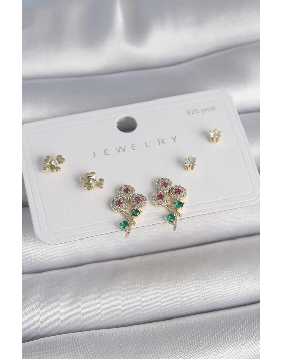 Pirinç Gold Renk Renkli Zirkon Taşlı Çiçek Model Yaprak Detay 925 Ayar Gümüş Çivi Kadın Küpe Seti