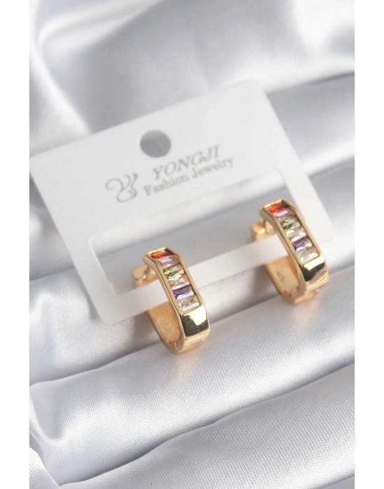 Pirinç Gold Renk Renkli Zirkon Taşlı Kadın Küpe