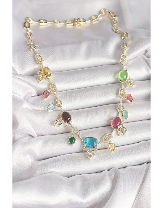 Pirinç Gold Renk Renli Zirkon Taşlı VIP Seri Kadın Kolye