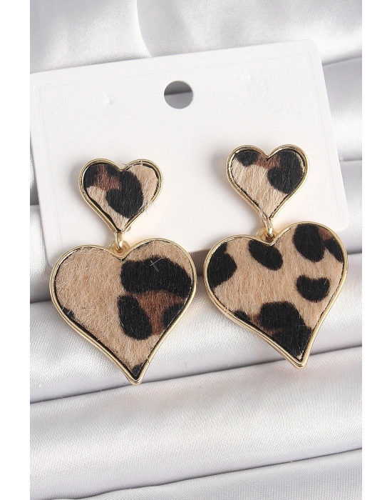 Pirinç Gold Renk Sallantı Leopar Kalp Model Kadın Küpe