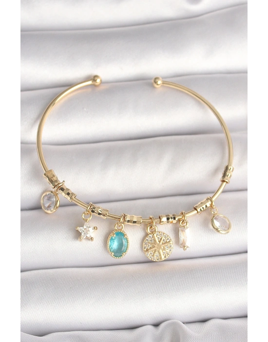 Pirinç Gold Renk Sallantı Zirkon Taş Detaylı Pusula Figür Charm Kadın Bileklik