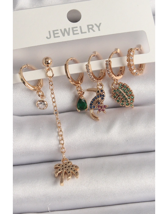 Pirinç Gold Renk Sallantı Zirkon Taşlı Ağaç Figür Kadın Küpe Seti