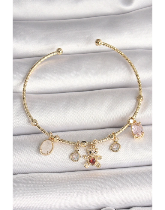 Pirinç Gold Renk Sallantı Zirkon Taşlı Ayıcık Figür Kırmızı Kalp Detay Charm Kadın Bileklik