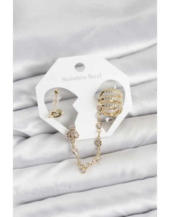 Pirinç Gold Renk Sarmal Model Zincir Bağlantılı Ear Cuff Küpe Seti