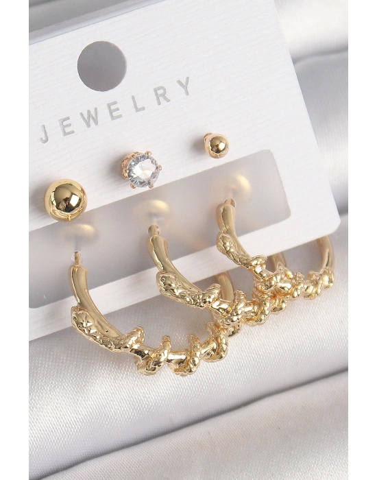 Pirinç Gold Renk Sarmal Yılan Halka Model Zirkon Taşlı Topçuk Detay Kadın Küpe Seti