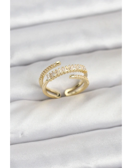 Pirinç Gold Renk Sıralı Baget Zirkon Taşlı Kadın Yüzük