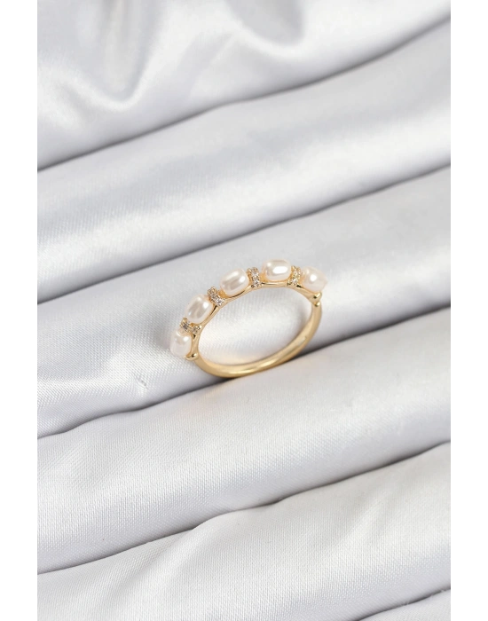 Pirinç Gold Renk Sıralı İncili Kadın Yüzük