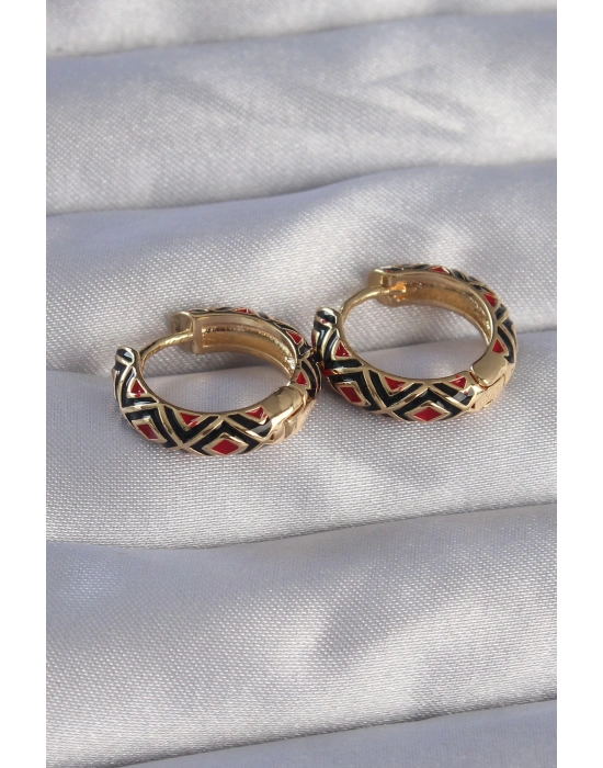 Pirinç Gold Renk Siyah Etnik Desenli Halka Küpe