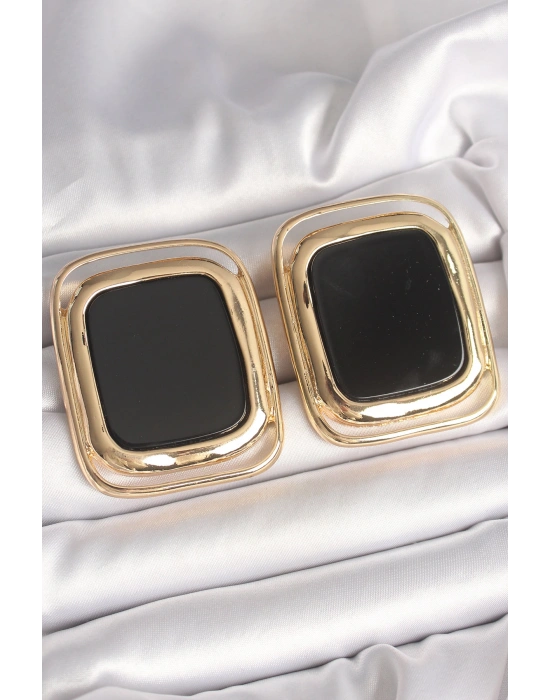 Pirinç Gold Renk Siyah Mineli Kare Model Kadın Küpe