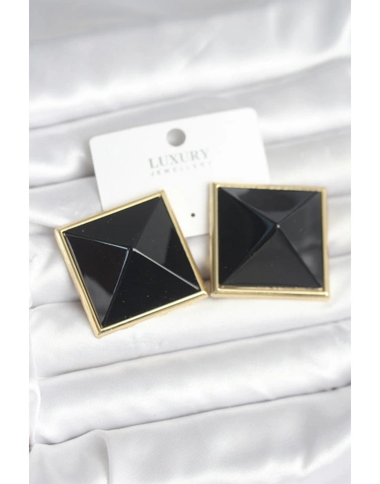 Pirinç Gold Renk Siyah Piramit Model Kadın Küpe