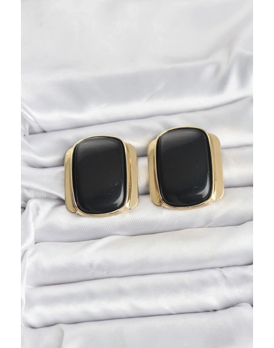 Pirinç Gold Renk Siyah Plaka Vintage Kadın Küpe