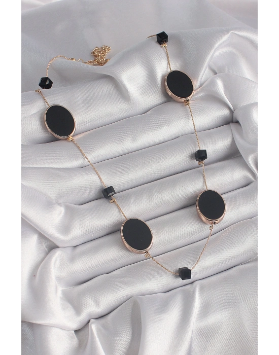 Pirinç Gold Renk Siyah Renk Oval Siyah Küp Detay Kadın Kolye