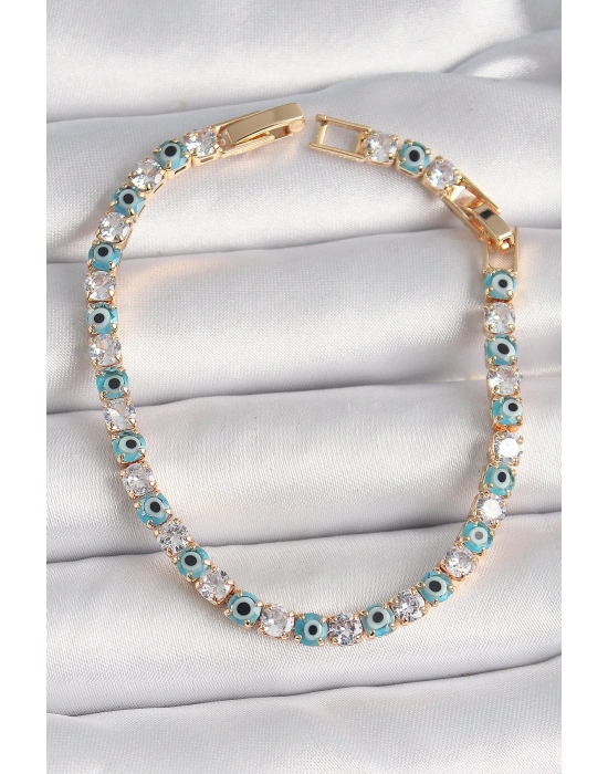 Pirinç Gold Renk Su Yolu Zirkon Taşlı Nazar Boncuklu Kadın Bileklik