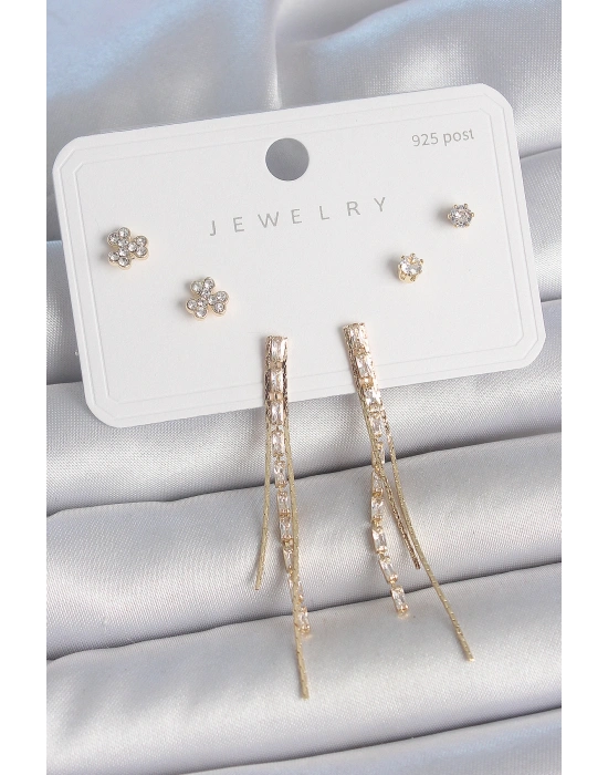 Pirinç Gold Renk Su Yolu Zirkon Taşlı Sallantı Model Çiçek Detay 925 Ayar Gümüş Çivi Kadın Küpe Seti