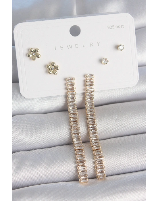 Pirinç Gold Renk Su Yolu Zirkon Taşlı Sallantı Model Çiçek Detay 925 Ayar Gümüş Çivi Kadın Küpe Seti