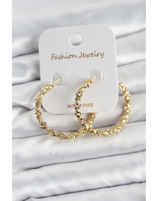 Pirinç Gold Renk Tırtıklı Halka Model Kadın Küpe
