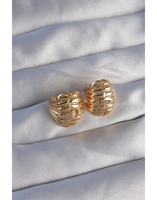 Pirinç Gold Renk Tırtıklı Minimal Bombeli Tasarım Küpe