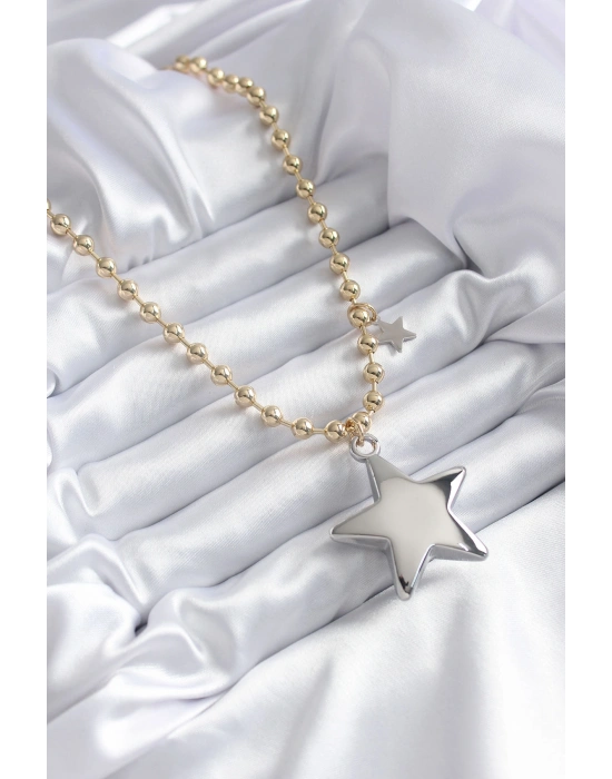 Pirinç Gold Renk Topçuk Zincir Gümüş 3D Yıldız Model Yıldız Detay VİP Kadın Kolye