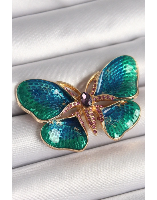 Pirinç Gold Renk Turquaz Model Zirkon Taş Detaylı Kelebek Model Kadın Broş