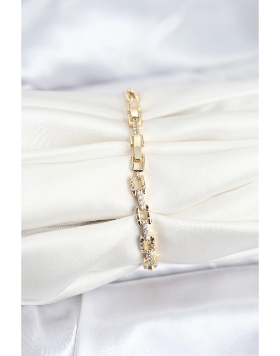 Pirinç Gold Renk VIP Seri Zincir Model Zirkon Taşlı Kadın Bileklik