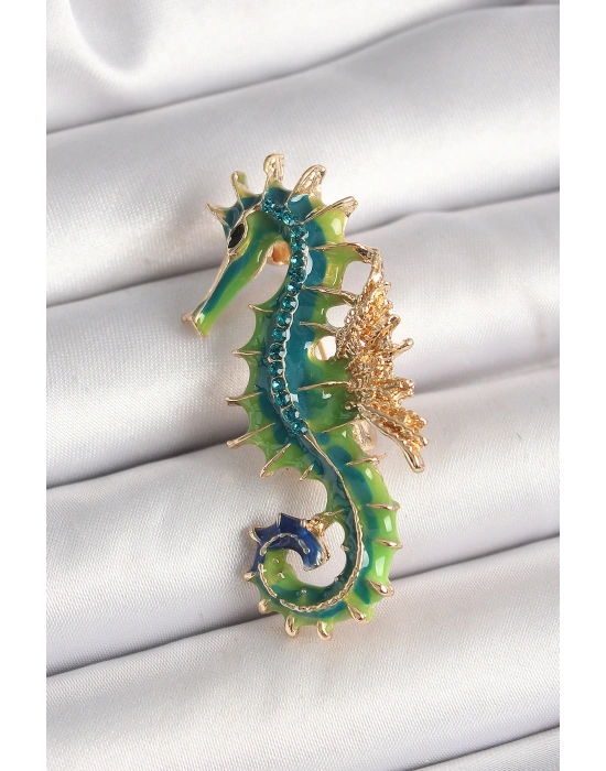 Pirinç Gold Renk Yeşil Deniz Atı Model Zirkon Taş Detay Kadın Broş