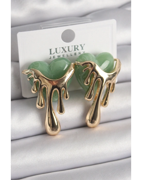 Pirinç Gold Renk Yeşil Sedefli Akan Kalp Model Kadın Küpe