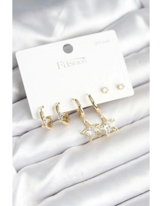 Pirinç Gold Renk Yıldız Model 925 Gümüş Çivili Kadın Küpe Seti