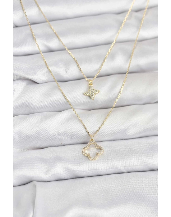 Pirinç Gold Renk Yonca Model 2li Kadın Kolye