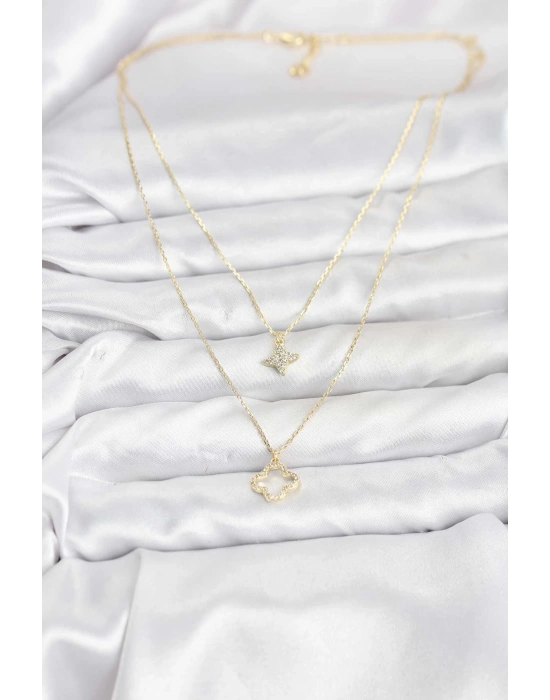 Pirinç Gold Renk Yonca Model 2li Kadın Kolye