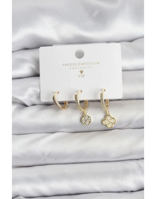 Pirinç Gold Renk Yonca Model 3lü Kadın Küpe Seti