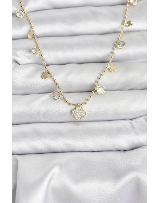 Pirinç Gold Renk Yonca Model Kadın Kolye