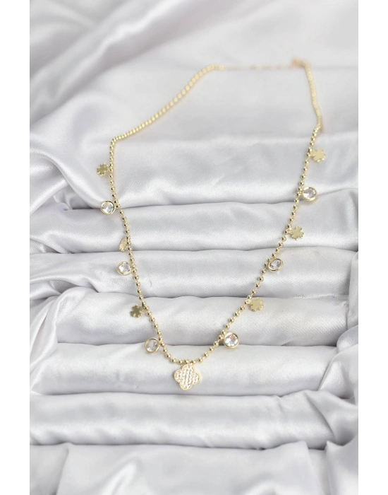 Pirinç Gold Renk Yonca Model Kadın Kolye