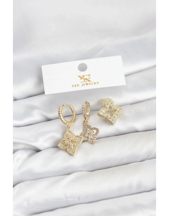 Pirinç Gold Renk Yonca Model YSX Trio Küpe Seti